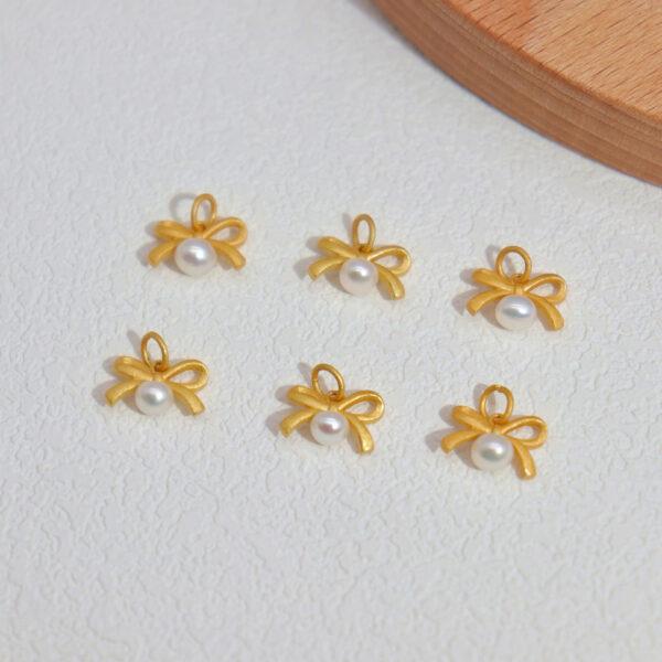 hollow flower charm, pearl charm, white charm, sterling silver charm, gild bead, golden charm - Image 3