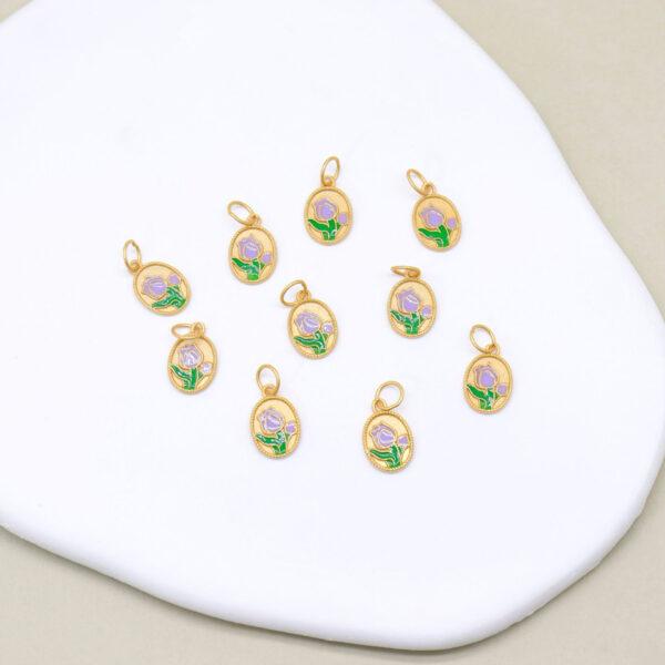 Purple Tulip charm, flower charm, enamel bead, sterling silver bead, gild bead, golden bead - Image 4