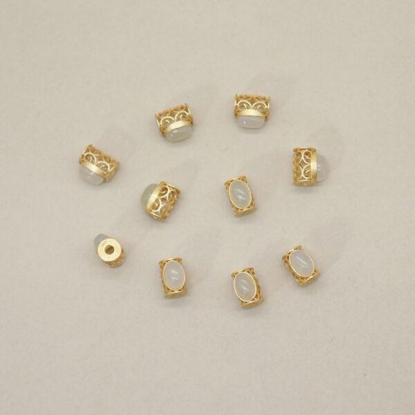bezel bead, hollow flower bead, oval bead, nephrite bead, white bead, sterling silver bead, gild bead, golden bead - Image 4