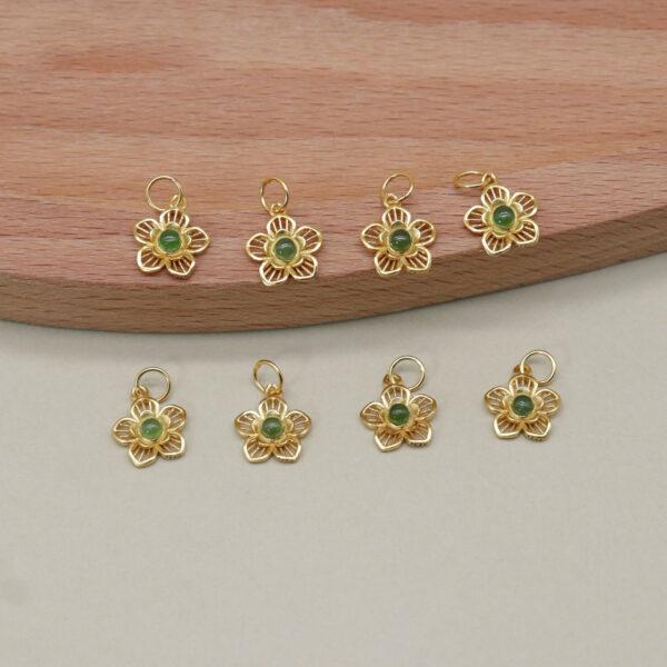 flower charm, nephrite charm, green charm, sterling silver charm, gild bead, golden charm - Image 4