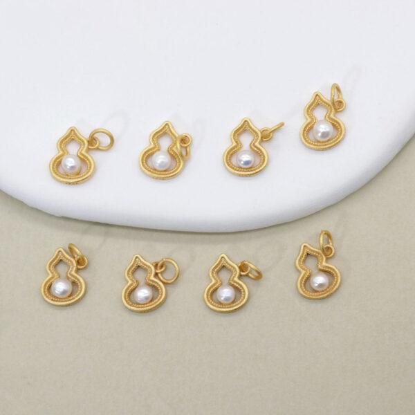 bezel charm, hollow gourd charm, pearl bead, white bead, sterling silver bead, gild bead, golden bead - Image 4