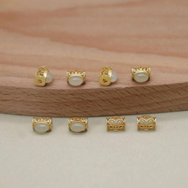 bezel bead, hollow flower bead, oval bead, nephrite bead, white bead, sterling silver bead, gild bead, golden bead - Image 5